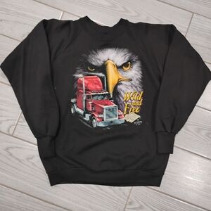 Wild and Free Black Sweater with Eagle and Truck Graphic Vintage 1989 3D Emblema